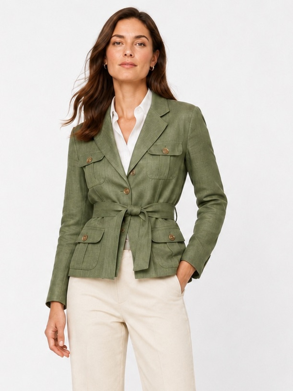 CHADWICKS Y2K 100% Linen Safari Jacket Olive Green Belted Utility Size 10